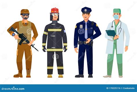 Policeman, Fireman And Doctor In Their Uniform Cartoon Vector ...