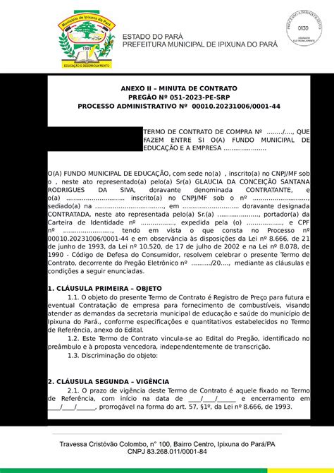 ANEXO II MINUTA DE CONTRATO COMPRAS PE Prefeitura Municipal De