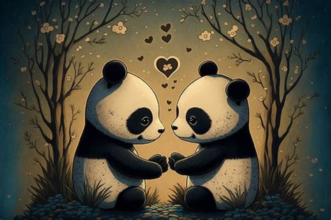 Dos Lindos Pandas Enamorados Corazones Romántico Generativo Ai Foto