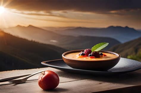 Premium AI Image | a bowl of fruit with a mountain in the background