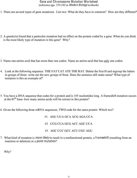 Gene And Chromosome Mutation Worksheet Reference Pgs In Db Excel