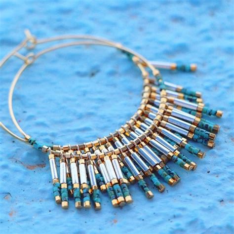 B O BAMBOU Golden Hoop Earrings With Fringes In Miyuki Beads