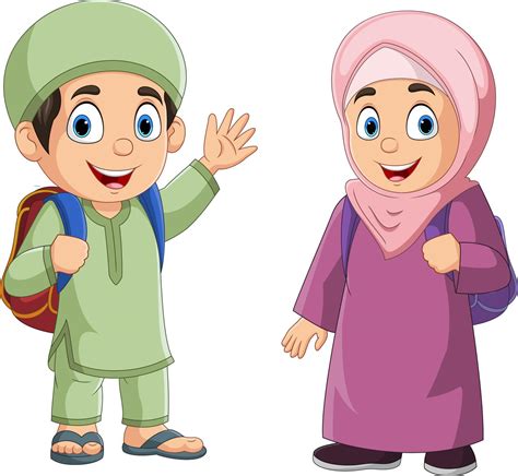 Happy muslim boy and girl cartoon 15219774 Vector Art at Vecteezy