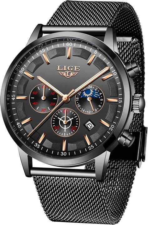 Lige Hommes Montres Mode Noir Acier Inoxydable Imperm Able Chronographe