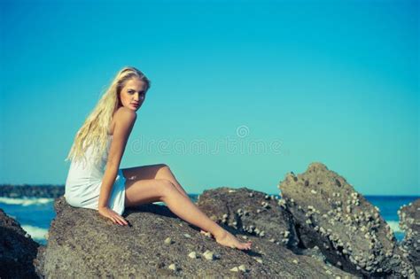 Beautiful Mermaid Sitting On Rock Stock Image Image Of Beauty