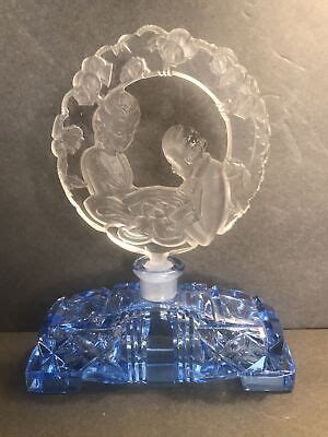 Art Deco Perfume Bottle Blue Glass Czechoslovakia C 1940 Romantic Scene