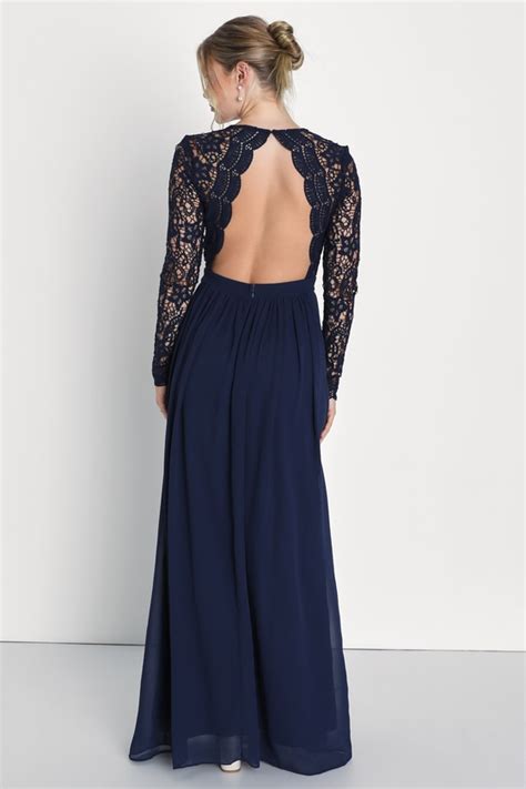 Navy Blue Dress Maxi Dress Lace Dress Long Sleeve Dress Lulus