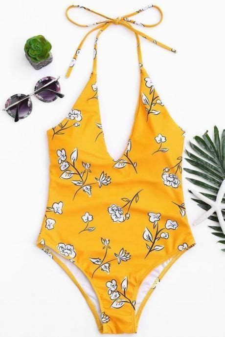 Floral Print Plunge Halter One Piece Swimsuit Halter One Piece