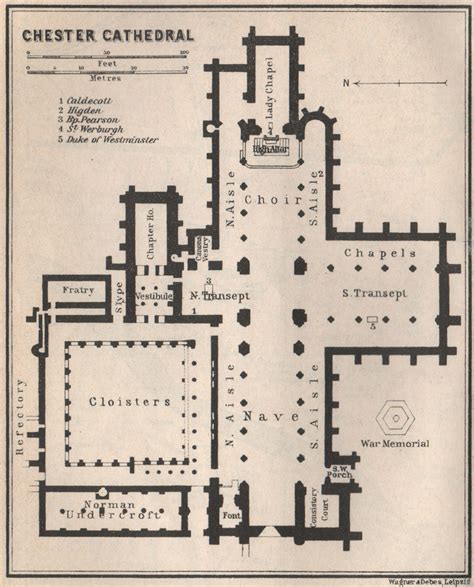 Chester Cathedral Floor Plan Cheshire Baedeker Old Vintage Map Chart