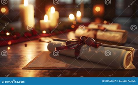 Elegant Display Of Diplomas On Mahogany Desk In Candlelight Celebrating