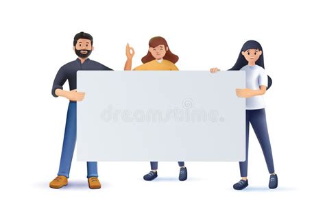 3d Group Of Young Men And Women Standing Together And Holding Blank