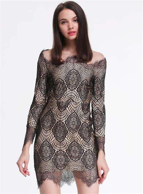 Black Long Sleeve Floral Crochet Lace Bodycon Dress Shein Sheinside