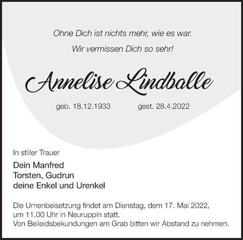 Traueranzeigen von Annelise Lindballe Märkische Onlinezeitung