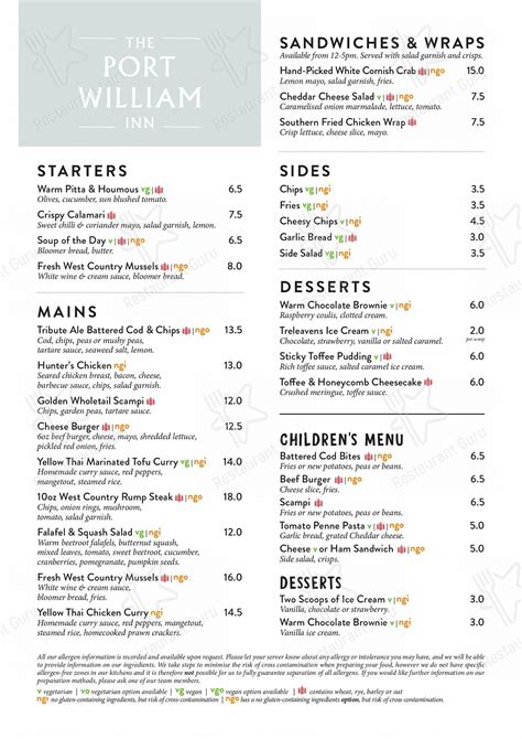 Menu at Port William, Trebarwith Strand, Tintagel