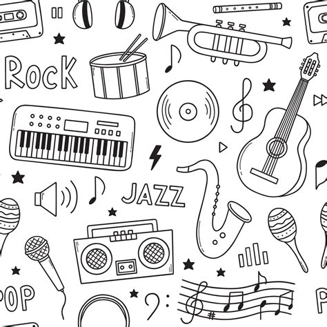 Mão Desenhada Sem Costura Padrão De Doodle De Música Instrumentos