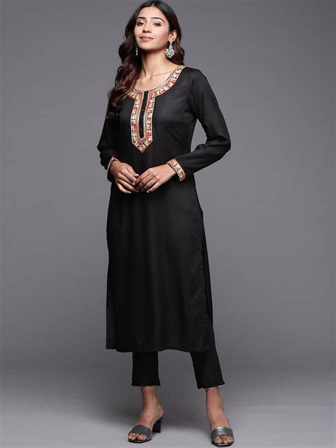 Buy Black Embroidered Pashmina Wool Straight Kurta Online At Rs 719 Libas