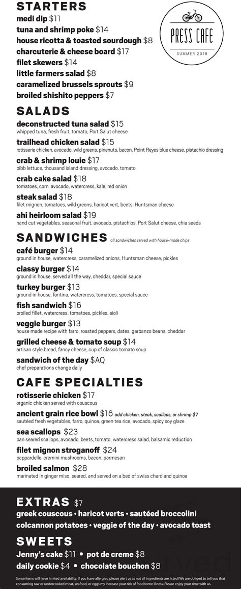 Press Cafe Menu In Fort Worth Texas Usa