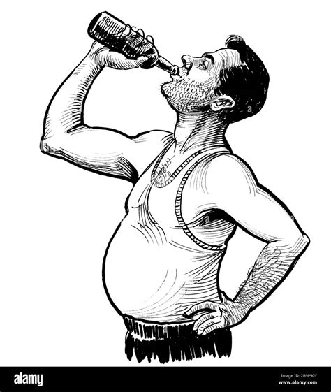 Alcoholic Man Drinking Beer From The Bottle Ink Black And White