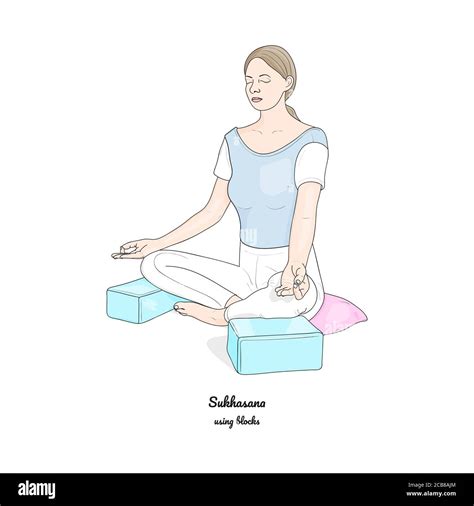 Sukhasana Or Easy Pose With Blocks And A Pillow Yoga Practice Vector