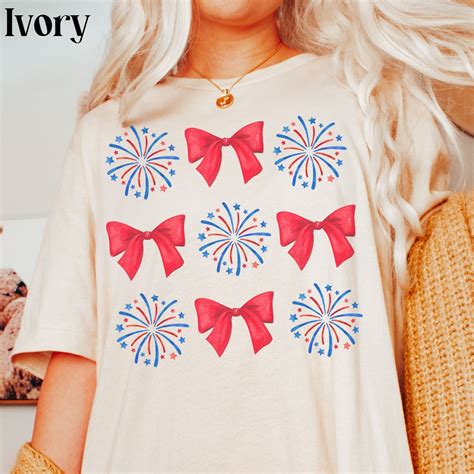 Coquette 4th Of July Shirt Cute Fireworks Tshirt Red Bow Patriotic