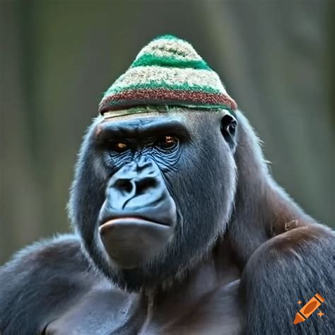 Happy Gorilla Wearing A Winter Hat On Craiyon