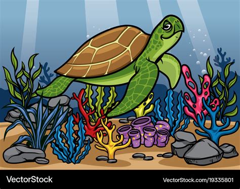 Cartoon turtle underwater with beautiful coral Vector Image