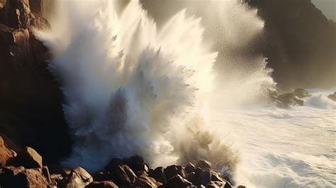 Premium AI Image Tsunami Waves Crashing Against Coastal Cliff With