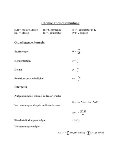 Formelsammlung Physikalische Chemie I