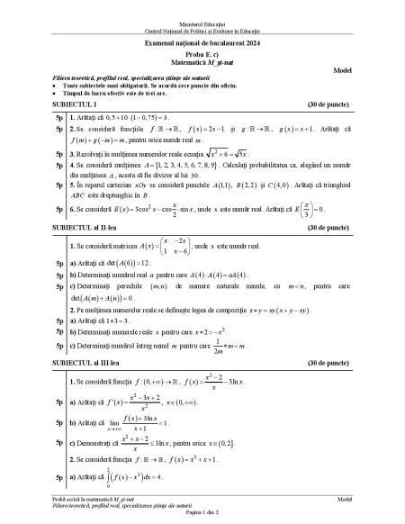 Bacalaureat Modele De Subiecte I Bareme Matematic