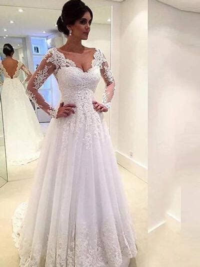 A Line Princess Tulle Long Sleeves V Neck Chapel Train Wedding Dresses