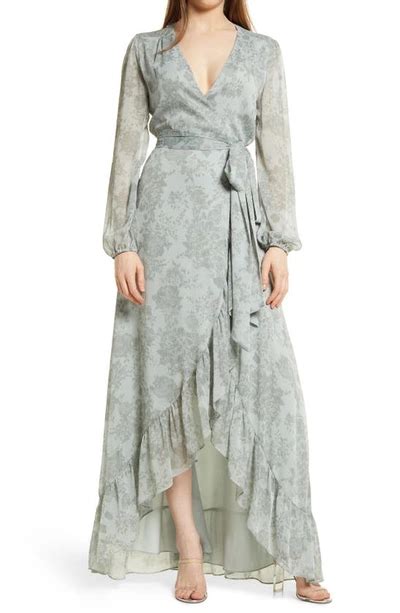 Wayf Meryl Floral Long Sleeve Wrap Gown In Sage Shadow Bouquet Print Modesens