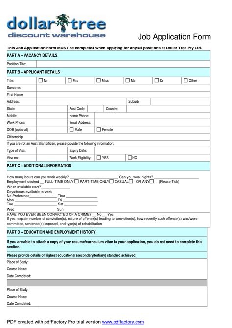 Free Printable Dollar Tree Application Form