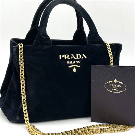 【目立った傷や汚れなし】【定価15万】prada プラダ カナパ ミニ 2way ゴールドチェーンショルダーバッグ ベロア ベルベット ネイビー ゴールドロゴ Ririファスナーの落札情報詳細