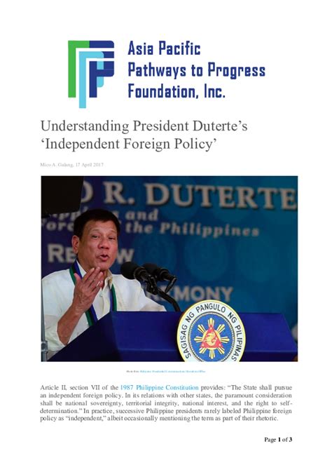 Pdf Understanding President Dutertes Independent Foreign Policy