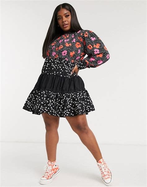 Asos Design Curve Tiered Mini Smock Dress In Mixed Floral And