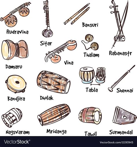 Isolated Traditional Indian Instruments Vector Contour Set For Music