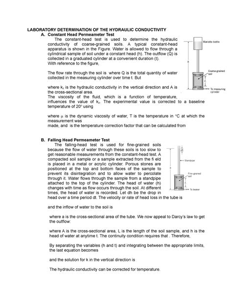 Laboratory Determination Of The Hydraulic Conductivity Laboratory