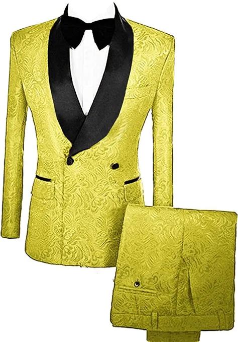 Max Newest Yellow Double Breasted Jacquard Wedding Suits With Velvet