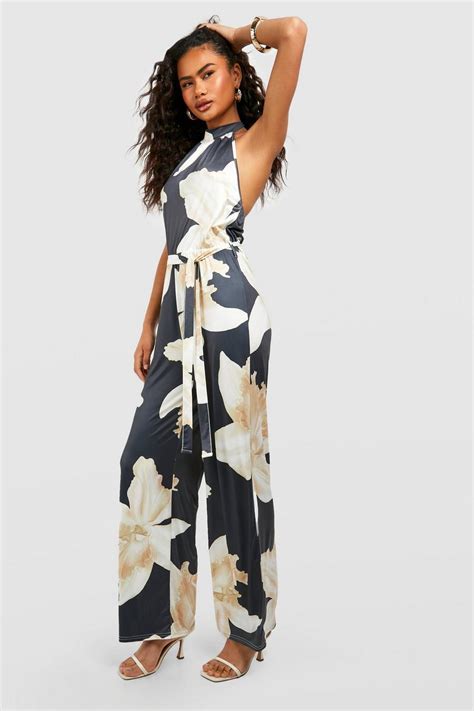 Halterneck Floral Wide Leg Jumpsuit Boohoo Uk