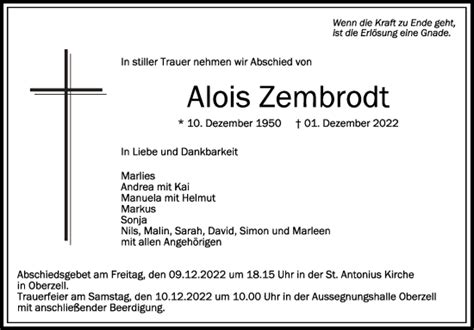 Traueranzeigen Von Alois Zembrodt Schwaebische De Trauerportal