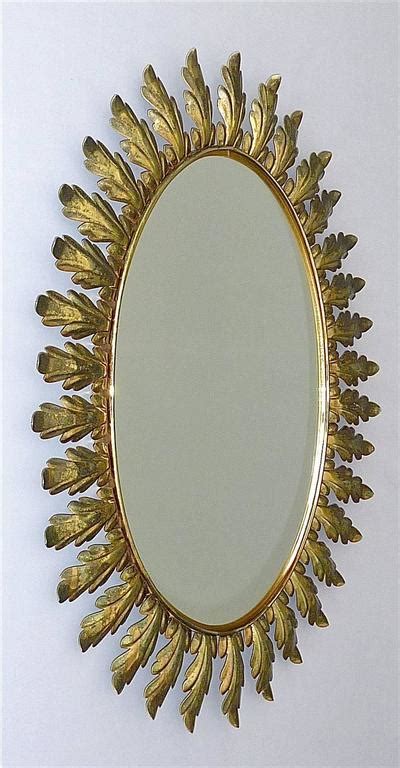 Large Oval Midcentury Floral Leaf Starburst Sunburst Brass Wall Mirror