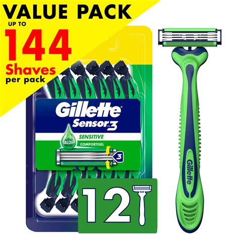 Gillette Sensor3 Sensitive Mens Disposable Razor 12 Razors Green