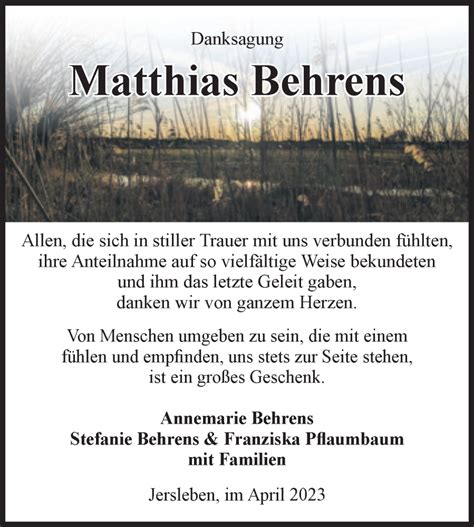 Traueranzeigen Von Matthias Behrens Abschied Nehmen De