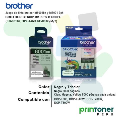 Kit Tinta Brother BT 6001 Negro BT5001 Tripack Cyan Magenta Yellow