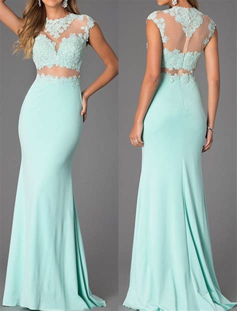 Mermaid Mint Green Lace Prom Dressessexy Illusion Lace Evening Dresses