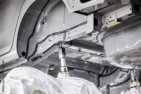 The robots in the car manufacturing plant are helping the car body to ...