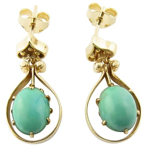 Vintage 14 Karat Yellow Gold Turquoise Earrings 4373 At 1stdibs