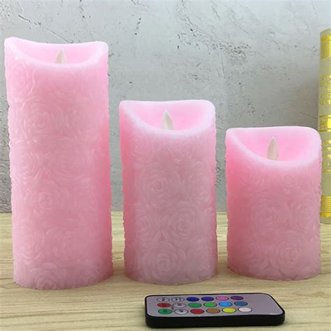 Pink Wax Rose Embossed Pillar Led Candledancing Flame Candles Light