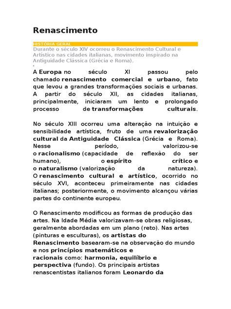 A Renascença Europeia Foi O Período Compreendido Entre Os Séculos