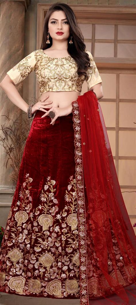 Festive Reception Red And Maroon Color Satin Silk Fabric Lehenga